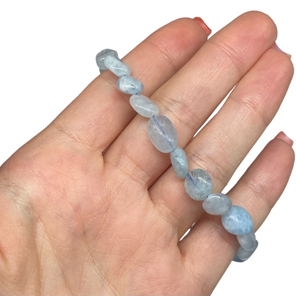 Aquamarine Beaded Stretch Bracelet Gemstone Stone Crystal Crystals Blue Beads - Picture 4 of 5